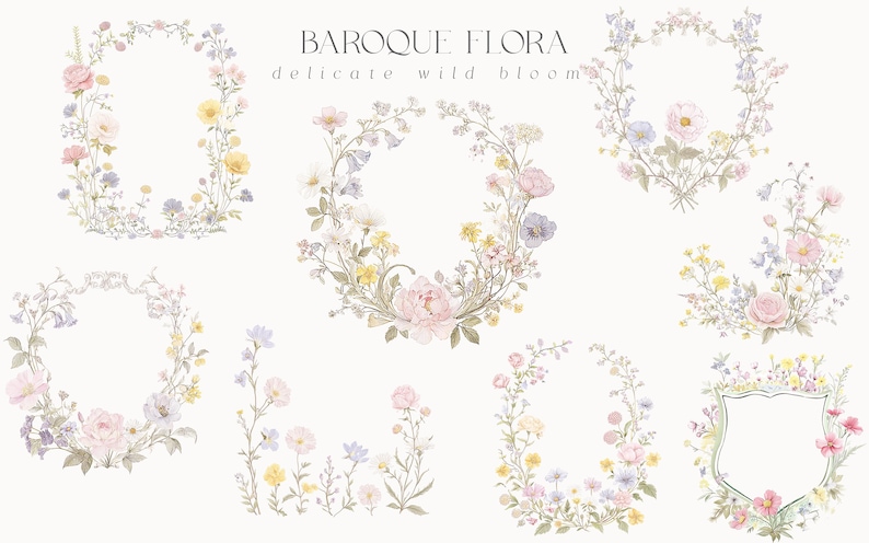 Puede incluir: Dise&ntilde;os florales en acuarela con delicadas flores en suaves colores pastel. La imagen incluye coronas ovaladas y circulares, arreglos florales y un dise&ntilde;o en forma de escudo. El texto en la parte superior dice "Baroque Flora, delicate wild bloom."