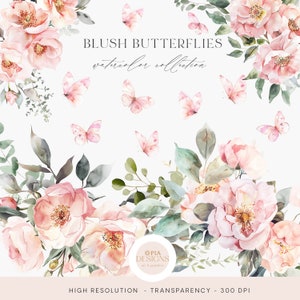 Aquarell Blush Blumen Schmetterlinge - Blush Blumen Clipart - Schmetterlinge Clipart - Hochzeit Clipart - Vorgefertigte Clipart - Floral Clipart