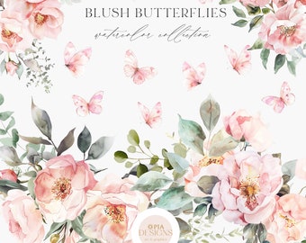Watercolor Blush Floral Butterflies - Blush Flowers Clipart - Butterflies Clipart - Wedding Clipart - Premade Clipart - Floral Clipart
