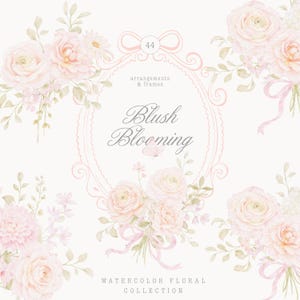 Puede incluir: Colección floral en acuarela con rosas, margaritas y otras flores color rubor. El diseño incluye un marco ovalado con las palabras "Blush Blooming" y "Arrangements & Frames". Cintas y acentos rosas suaves completan el diseño.