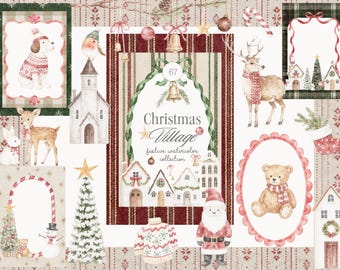 Watercolor Christmas Village Collection - Winter Festive Bundle - Christmas Backgrounds - Digital Papers - Premade Frames JPG
