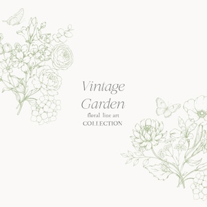 May include: A vintage-style illustration featuring two floral bouquets and two butterflies in a delicate green outline. The text "Vintage Garden" is displayed in elegant script, with "floral line art collection" below.