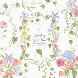 Pode incluir: Uma coleção de esboços florais em aquarela com várias flores e vinhas em tons de rosa, azul, amarelo e verde. O texto central diz "Quirky Garden watercolor floral sketches" com o número 28 em um pequeno círculo acima.