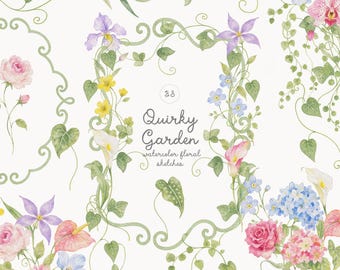 Watercolor Quirky Garden Collection - Whimsical Flowers - Floral Sketches - Floral Arrangements - Frames PNG - Wedding Invitations