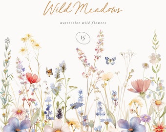 May include: Watercolor illustration of a border of wild meadow flowers, including daisies, lavender, and wildflowers. The illustration is titled "Wild Meadows" and includes the text "watercolor wild flowers" and "15".