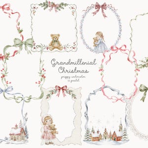 May include: A collection of watercolor frames featuring Christmas themes, including ribbons, bows, holly, poinsettias, teddy bears, snowy houses, and pine trees. The text reads Grandmillenial Christmas preppy watercolor in pastel.