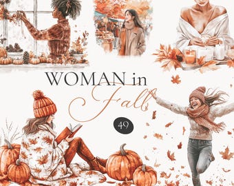 Woman Autumn Watercolor Clipart - Autumn Clipart - Woman in Fall - Fall Clipart - Cozy Autumn Clipart - Woman Clipart - Unlimited License