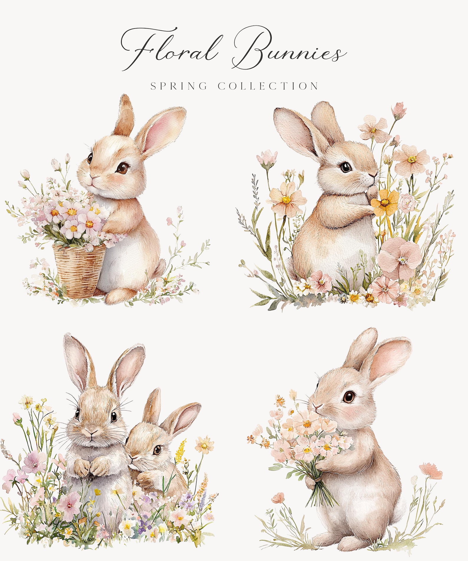 Watercolor Floral Bunnies Clipart - Nursery Spring Clipart - Spring ...