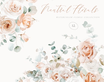 Watercolor Neutral Floral Clipart - Watercolor Floral Clipart - Arrangements - Wedding Clipart - Watercolor Roses-Floral Bouquets-Eucalyptus