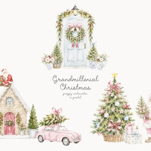 May include: A watercolor illustration set featuring a light blue door with a wreath, a stone cottage with a pink door, a pink car carrying a tree, a decorated Christmas tree, and Santa Claus. The text reads Grandmillennial Christmas preppy watercolor in pastel.