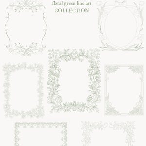 Op de afbeelding: Een verzameling vintage-stijl bloemen groene lijnkunst frames en decoratieve elementen. De afbeelding toont verschillende frame-ontwerpen, waaronder rechthoekige, ovale en vierkante vormen, met ingewikkelde bloemen- en botanische patronen. Tekst bevat "Vintage Reviere" en "floral green line art COLLECTION".