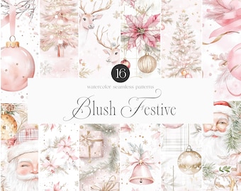 May include: A set of 16 watercolour seamless patterns featuring a blush pink and gold colour scheme. The patterns include various Christmas elements such as reindeer, ornaments, snowflakes, poinsettias, and Father Christmas. The text "Blush Festive" is displayed in a decorative font.
