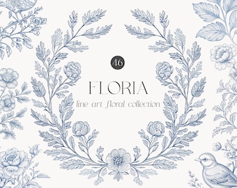 Ink Line Art Grandmillenial Floral Clipart - Vintage Flowers - Blue Ink Florals - Rococo Flowers Clipart Set - Vintage Clipart - Line Art
