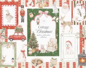 Watercolor Cottage Christmas Collection - Festive PNG - Winter Clipart - Cottagecore - Vintage Backgrounds - Digital Papers