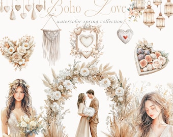 Clipart de acuarela boho, clipart romántico, amor rústico, clipart boho, clipart de boda, pegatinas, clipart boho, clipart de acuarela, boho