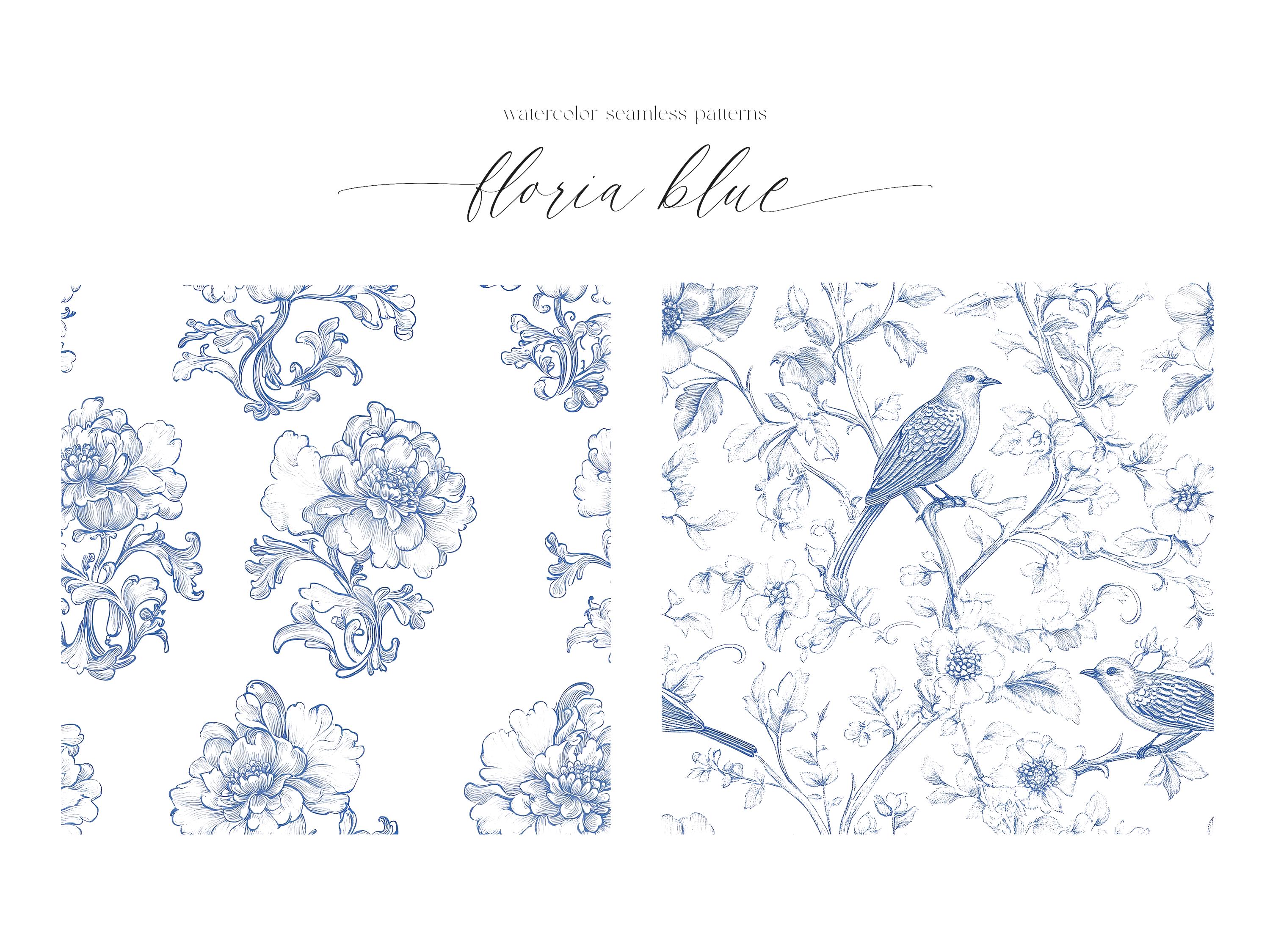 Blue Ink Line Ink Line Art Grandmillenial Floral Seamless Patterns - Vintage Flowers ...