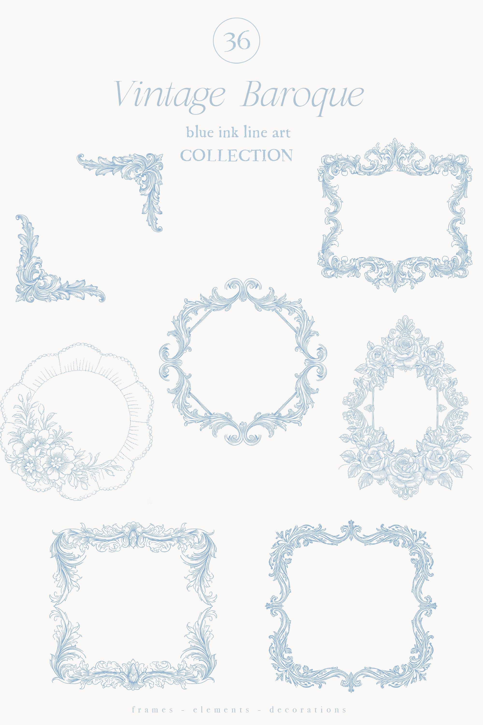 Blue Ink Line Vintage Baroque Blue Ink Line Art - Wedding Clipart- Victorian Crest ...