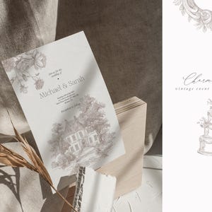 May include: A wedding invitation with a floral and architectural design, featuring the names "Michael & Sarah." The invitation is in sepia tones, with a detailed illustration of a house and surrounding trees. The text "Charm Creme vintage event whimsy elements" is also visible.