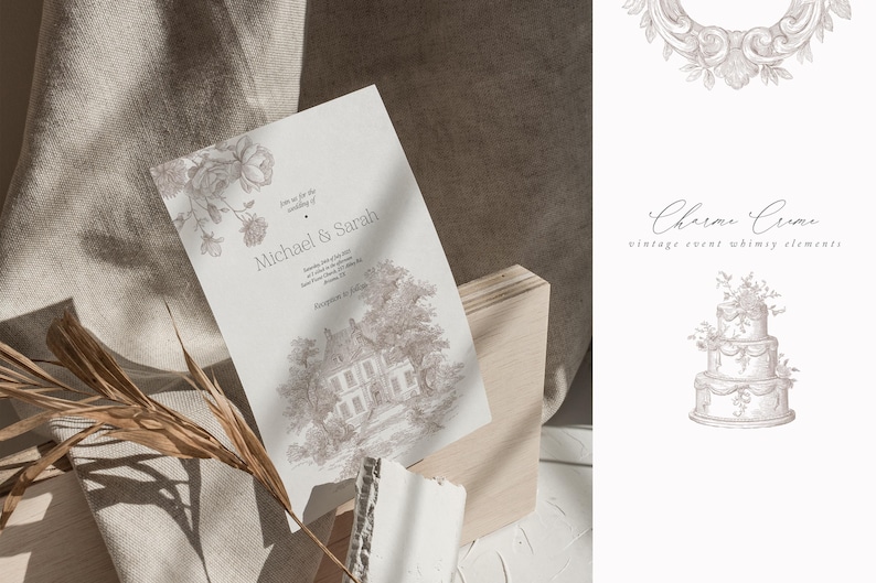 May include: A wedding invitation with a floral and architectural design, featuring the names "Michael & Sarah." The invitation is in sepia tones, with a detailed illustration of a house and surrounding trees. The text "Charm Creme vintage event whimsy elements" is also visible.