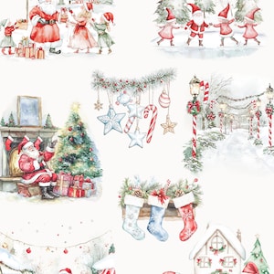 May include: Watercolour illustrations of Father Christmas and his elves celebrating Christmas. The illustrations include Father Christmas giving gifts to children, elves ice skating, Father Christmas by a fireplace, elves decorating a Christmas tree, and elves giving gifts to each other. The illustrations are in a watercolour style and have a whimsical feel.