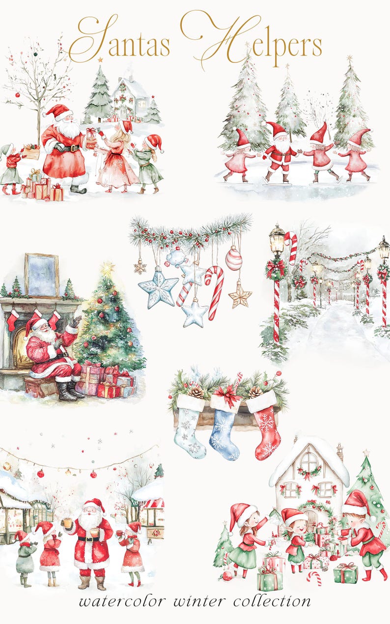 May include: Watercolour illustrations of Father Christmas and his elves celebrating Christmas. The illustrations include Father Christmas giving gifts to children, elves ice skating, Father Christmas by a fireplace, elves decorating a Christmas tree, and elves giving gifts to each other. The illustrations are in a watercolour style and have a whimsical feel.