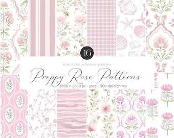 May include: A set of 16 digital seamless patterns featuring preppy rose designs in pink and white. The patterns include stripes, gingham, floral, and damask designs. The patterns are 3600 x 3600 pixels and 300 dpi.