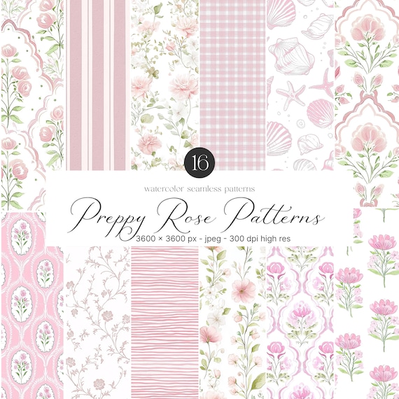 Watercolor Rose Preppy Patterns - Rose Grandmillennial - Vintage Patterns - Seamless Patterns - Preppy Rose Patterns - Scrapbook Paper