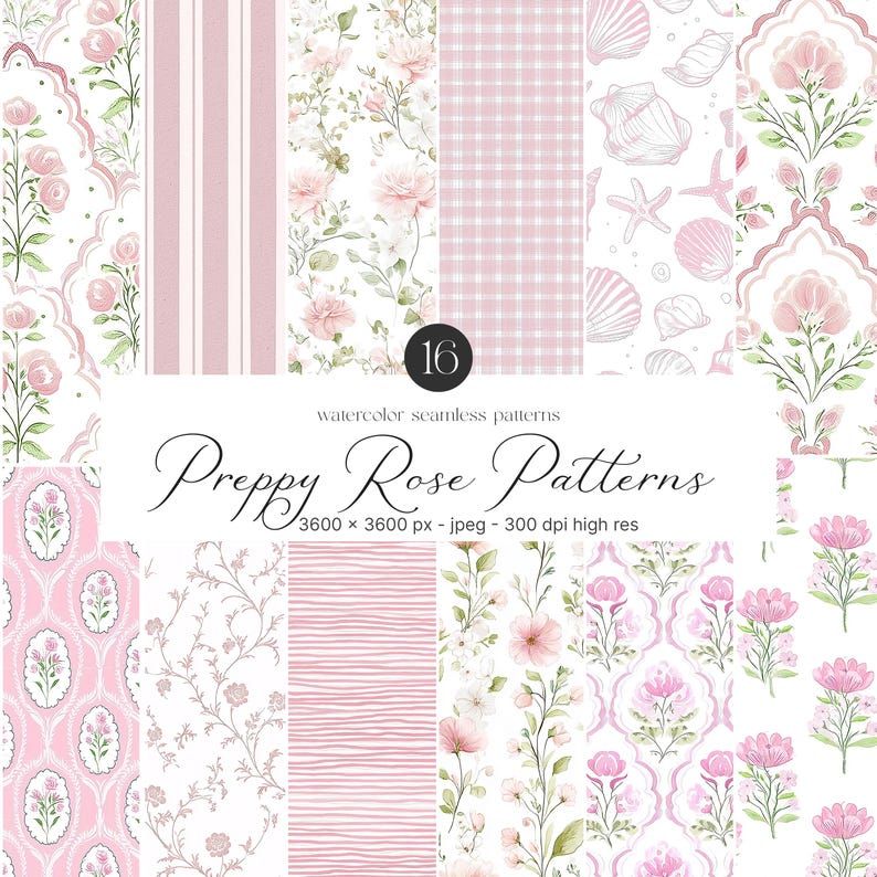 Puede incluir: Un conjunto de 16 patrones digitales sin costuras con dise&ntilde;os de rosas preppy en rosa y blanco. Los patrones incluyen rayas, cuadros vichy, flores y dise&ntilde;os de damasco. Los patrones son de 3600 x 3600 p&iacute;xeles y 300 ppp.