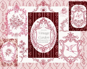 Vintage Garden Burgundy Collection - SVG and PNG - Wedding Clipart - Floral Burgundy Line Art - Victorian Crest - Royal Ornamental Frame