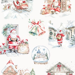 May include: Watercolour illustrations of Father Christmas and his helpers in various winter scenes.  The illustrations include Father Christmas in a sleigh, Father Christmas delivering presents, Father Christmas ringing bells, and Father Christmas with a reindeer.  The text "Santa's Helpers" and "watercolor winter collection" are also included in the image.