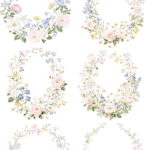 以下が含まれることがあります： ピンク、白、青、黄色の花が描かれた水彩画のフローラルリースデザイン。上部には「GARDEN FLORA」と「watercolor wild flowers collection」の文字。白い背景にリースが配置されています。