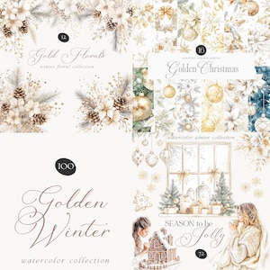 Clipart de inverno dourado em aquarela - Pacote de inverno - Pacote de Natal - Natal dourado - Clipart de inverno - Padrões sem emendas - Clipart de aquarela