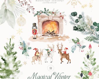May include: A watercolour illustration with a winter theme. It features a fireplace with a burning fire, a nutcracker, children riding reindeer, and decorative winter foliage. The text reads "Magical Winter" and "Delicate Elements & Arrangements."