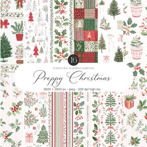 Watercolor Preppy Christmas Seamless Patterns, Christmas Preppy Patterns, Festive Patterns, Digital Paper, Scrapbook Paper, Winter Patterns