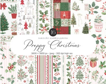 Watercolor Preppy Christmas Seamless Patterns, Christmas Preppy Patterns, Festive Patterns, Digital Paper, Scrapbook Paper, Winter Patterns