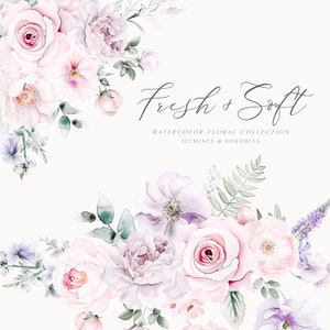 Clipart floral aquarelle - fleurs roses tendres - clipart floral - clipart mariage - bouquets de fleurs - clipart aquarelle - licence illimitée
