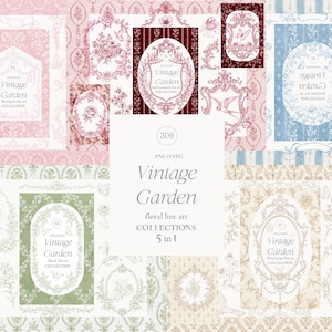 Peut inclure: Une collection numérique de graphismes d'art linéaire floral Vintage Garden aux formats PNG et SVG. L'ensemble comprend des cadres ovales ornés, des illustrations botaniques et des motifs damassés dans diverses palettes de couleurs dont rose, bleu, vert et beige.