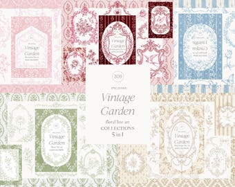 Vintage Garden Line Art Bundle - Wedding Clipart - Victorian Wedding  - Rococo Crest - Royal Ornamental Frame - Baroque Floral Collection