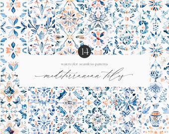Watercolor Mediterranean Tile Seamless Patterns - Mediterranean Patterns - Tile - Seaside Patterns - Watercolor Seamless Patterns