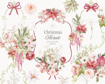 Watercolor Christmas Floral Collection - Festive Flowers - Winter Bundle - Poinsettia Arrangements - Floral Frames