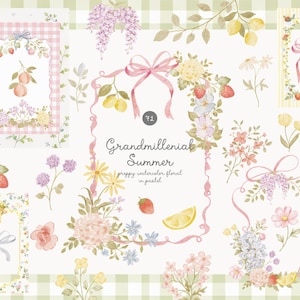 Könnte beinhalten: Aquarellillustrationen von Blumenarrangements, Rahmen und einzelnen Elementen in Pastellfarben. Das Bild enthält Erdbeeren, Zitronen und Schleifen, mit dem Text "Grandmillenial Summer". Der Hintergrund ist ein hellgrünes und weißes Vichy-Muster.