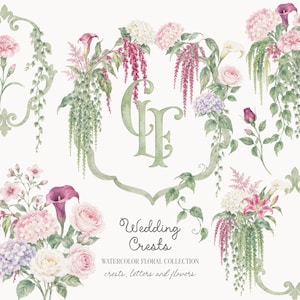 Puede incluir: Una colección digital de escudos de boda florales en acuarela con las letras CL, rosas rosas y blancas, hortensias, calas y vegetación colgante. El texto dice Wedding Crests, Watercolor Floral Collection, crests, letters and flowers.