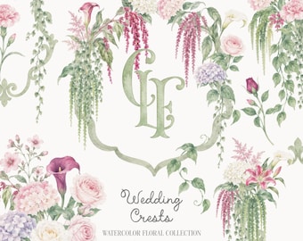 Wedding Crests Floral Collection - Blush & Burgundy Flowers - Premade Frames - Alphabet - Watercolor Florals PNG - Crests