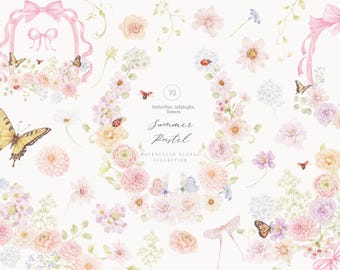 Summer Pastel Flowers Collection - Wedding Clipart - Floral Garden - Butterflies - Ladybugs - Ribbons and Bows