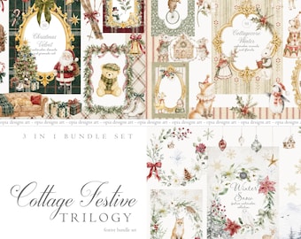 Watercolor Christmas Bundle - Winter Festive Collection - Christmas PNG - Tartan Backgrounds - Santa Claus - Digital Download
