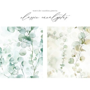 K&ouml;nnte beinhalten: Zwei nahtlose Aquarellmuster mit Eukalyptusbl&auml;ttern in Gr&uuml;n- und Wei&szlig;t&ouml;nen. Die Muster eignen sich perfekt, um in jedem Designprojekt eine beruhigende und nat&uuml;rliche Atmosph&auml;re zu schaffen.