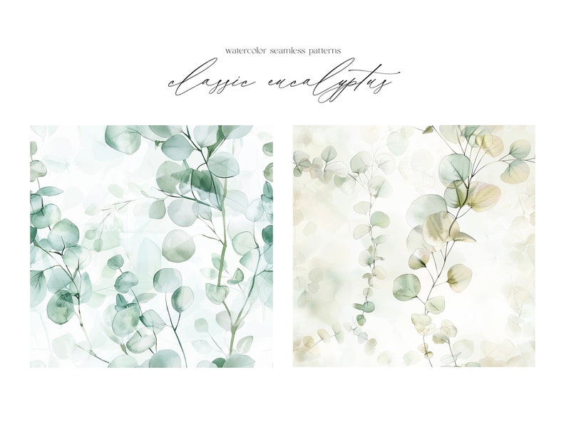 K&ouml;nnte beinhalten: Zwei nahtlose Aquarellmuster mit Eukalyptusbl&auml;ttern in Gr&uuml;n- und Wei&szlig;t&ouml;nen. Die Muster eignen sich perfekt, um in jedem Designprojekt eine beruhigende und nat&uuml;rliche Atmosph&auml;re zu schaffen.