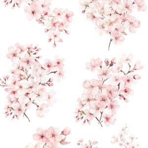 Op de afbeelding: Waterverf arrangementen van kersenbloesems in diverse composities. De bloesems zijn zachtroze met delicate details, tegen een witte achtergrond. De tekst "CHERRY BLOSSOMS watercolor arrangements" staat bovenaan.