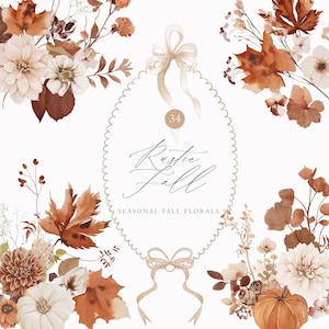 Peut inclure: Illustration à l'aquarelle avec des éléments d'automne, notamment des compositions florales, des citrouilles et des feuilles dans des tons de marron, crème et orange. Le texte "Rustic Fall" et "Seasonal Fall Florals" est affiché dans un cadre ovale, avec un nœud.