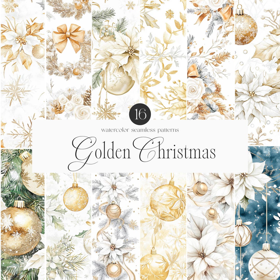 Watercolor Gold Christmas Seamless Patterns, Golden Christmas Patterns ...